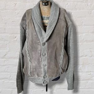 VINTAGE Alan Stuart Gray Suede Cable Knit Button Up Collared Sweater Jacket Coat